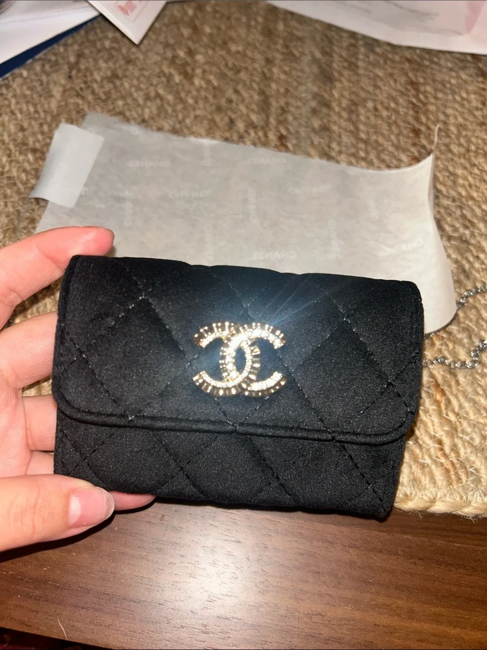 CHANEL Black Quilted Mini Wallet with Gold CC Emblem